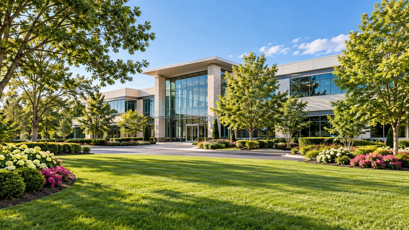 Commercial office building with expansive landscaped grounds