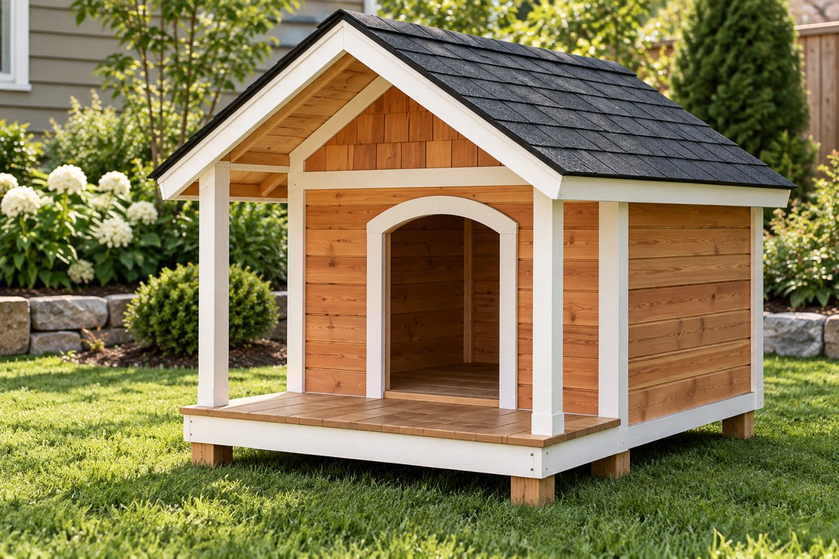 Illustrative custom wooden dog house with porch