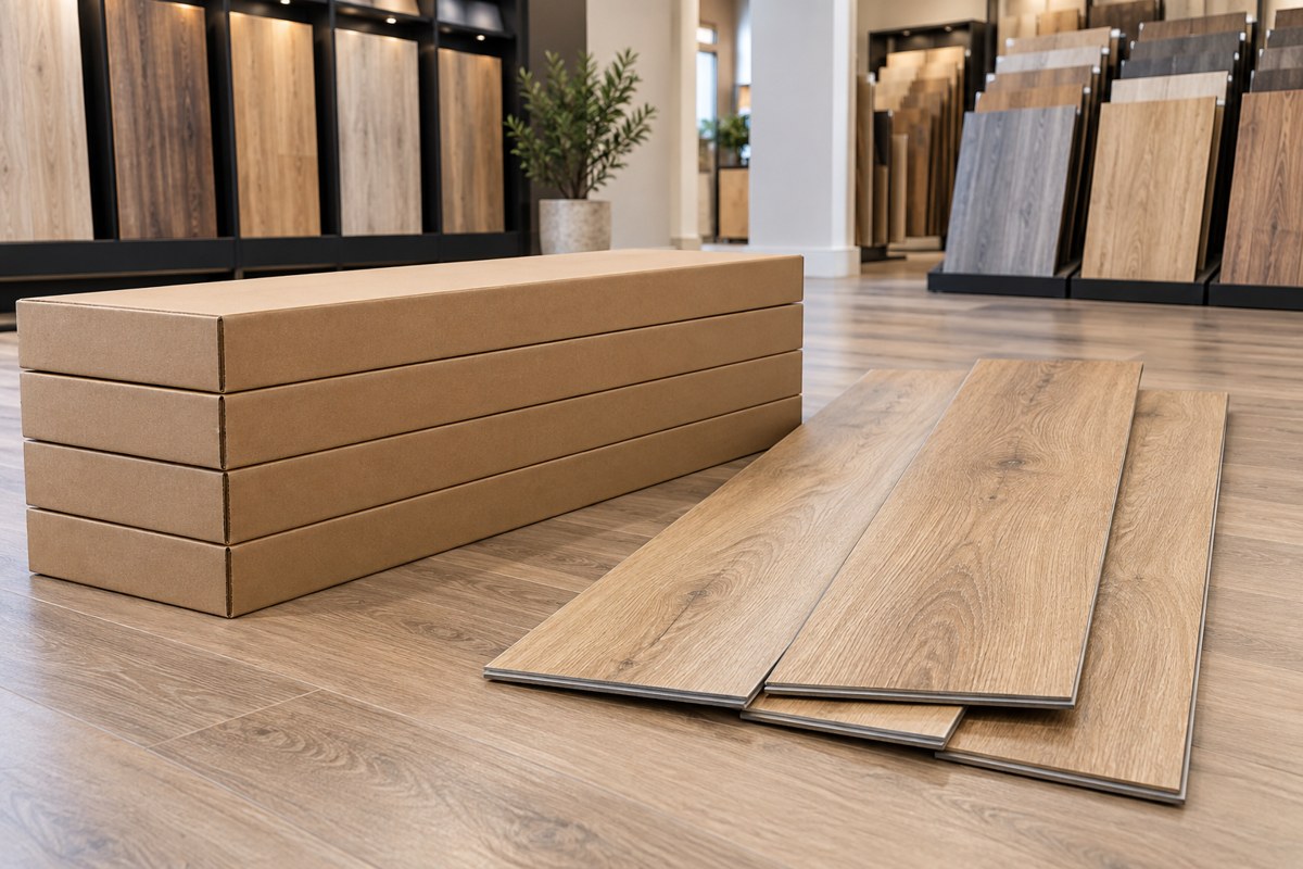 Illustrative flooring boxes and vinyl plank samples