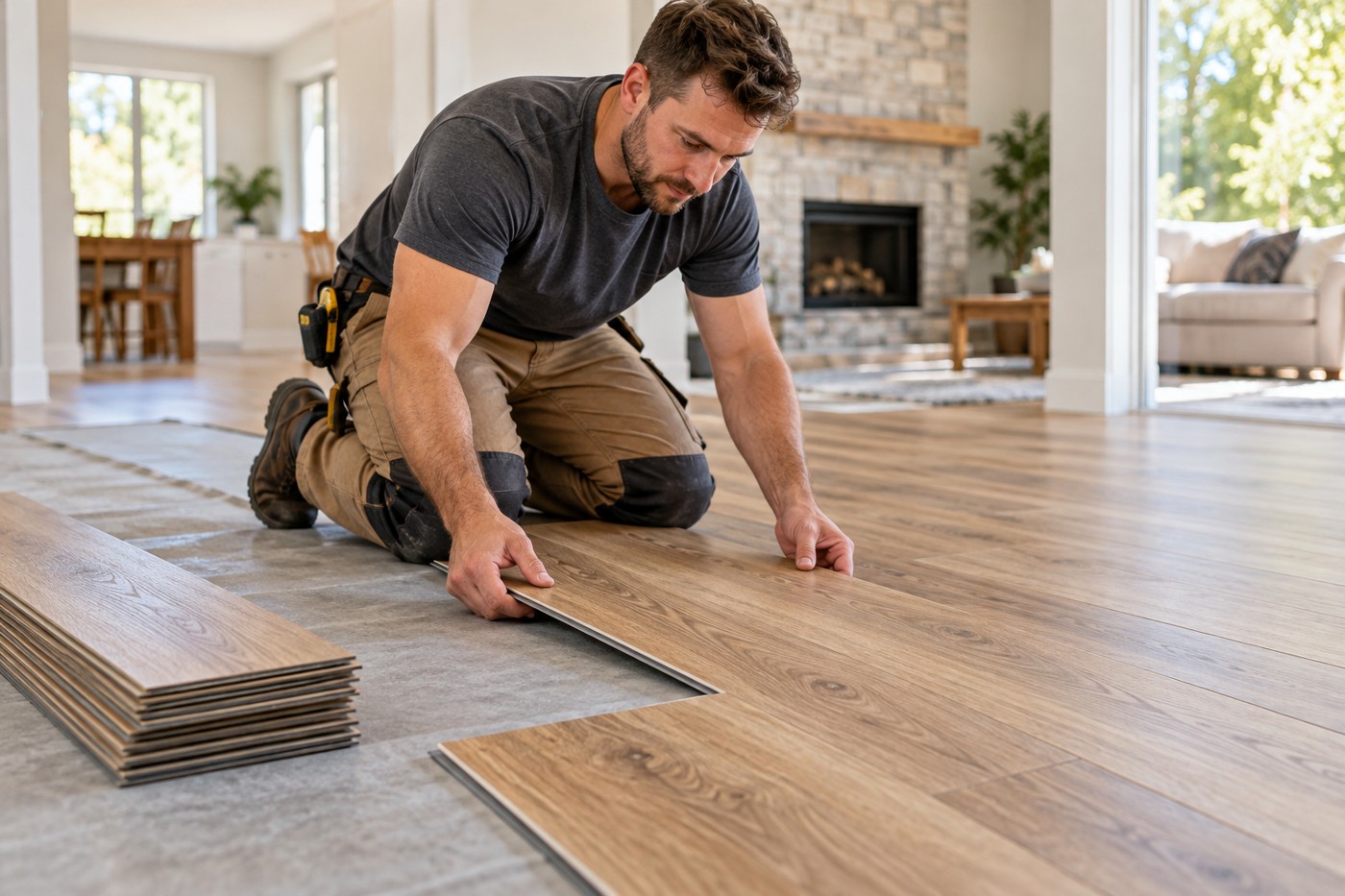 Illustrative flooring installer fitting vinyl planks