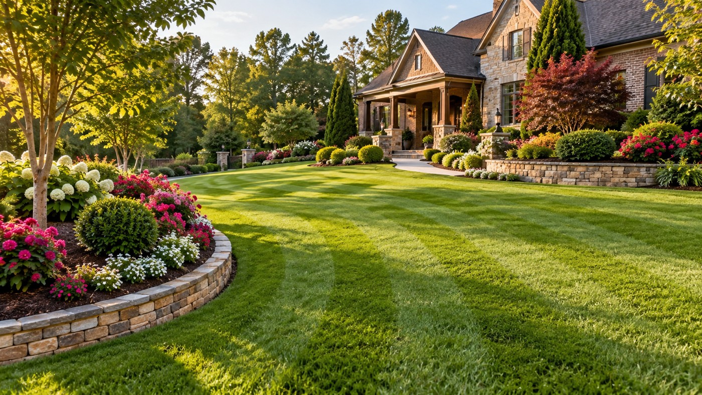 Illustrative landscaped lawn and colorful flower beds