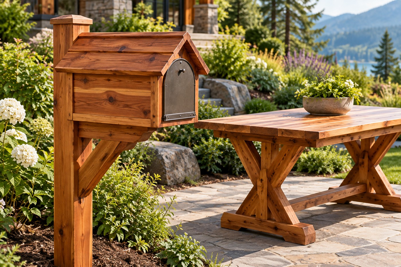 Handcrafted wooden mailbox and outdoor table
