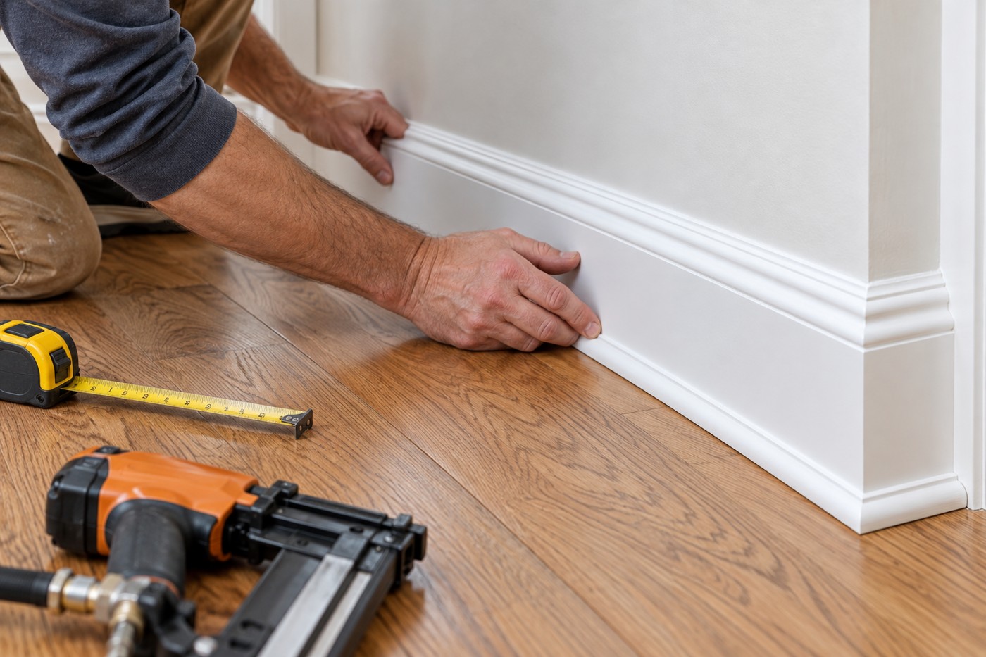 Installer fitting white baseboard and shoe moulding along a wall