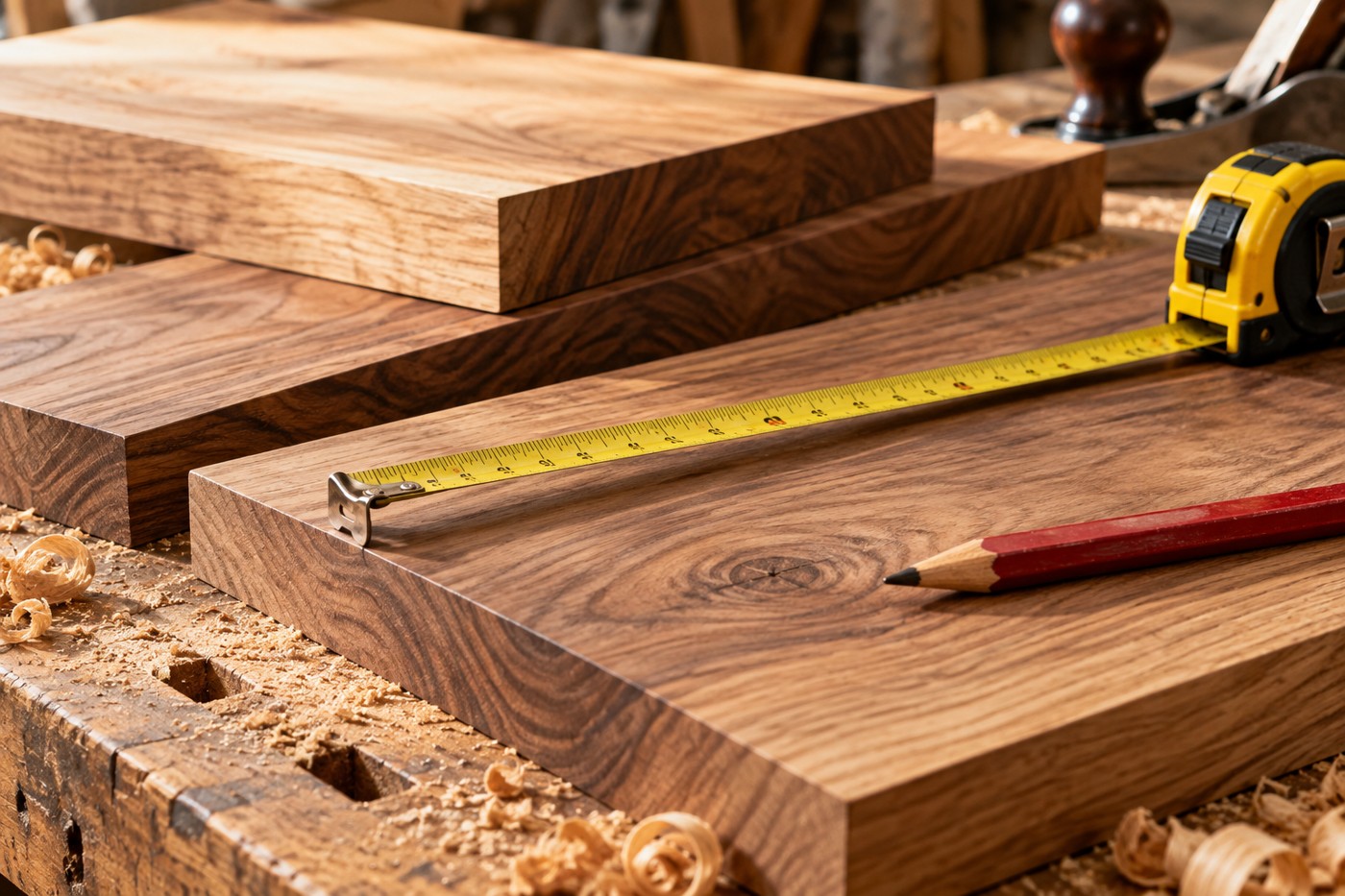 Wood boards with a tape measure and carpenter’s pencil